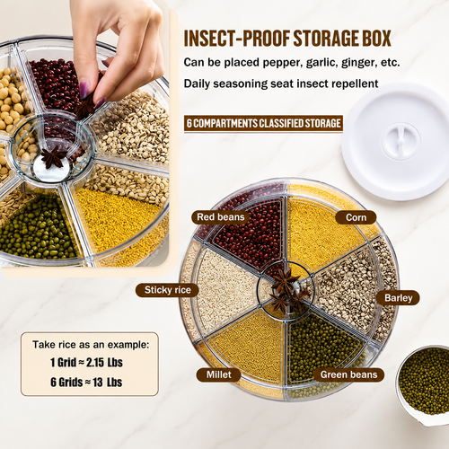 360° Rotating 6-Compartment Grain & Rice Storage Container